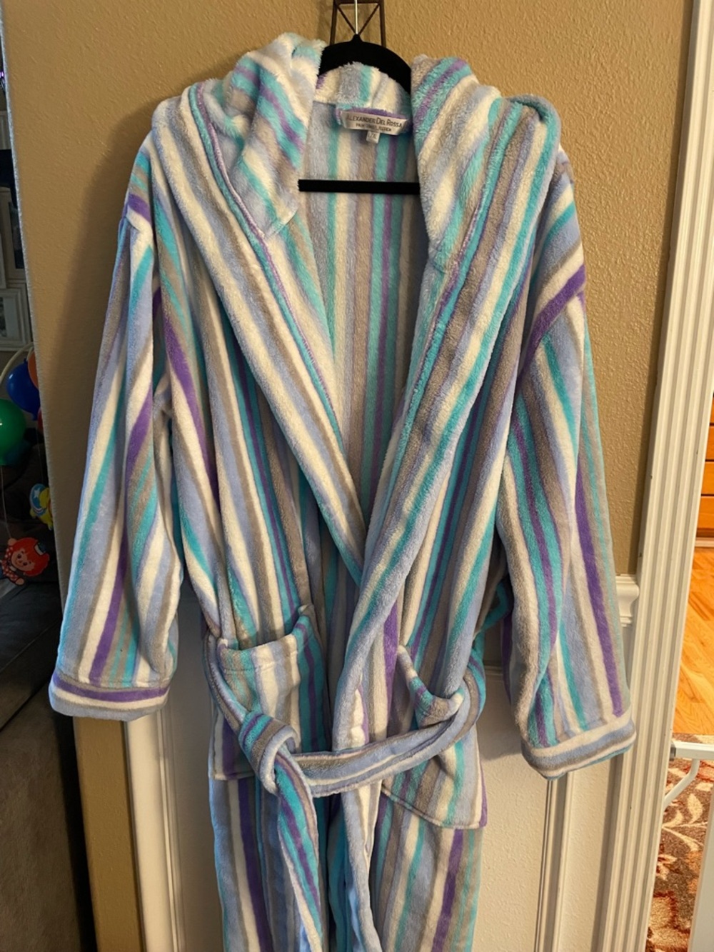 Alexander Del Rossa Plush Luxury Blue White Sky Blue Women’s Hooded Robe XL - Picture 12 of 14